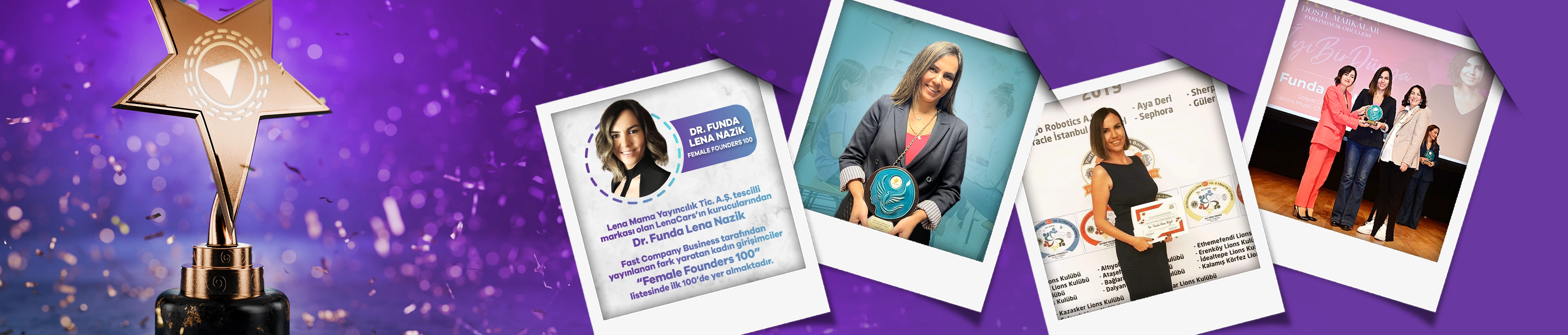 Collage showing LenaCars achievements, Female Founders 100 and women entrepreneurship awards