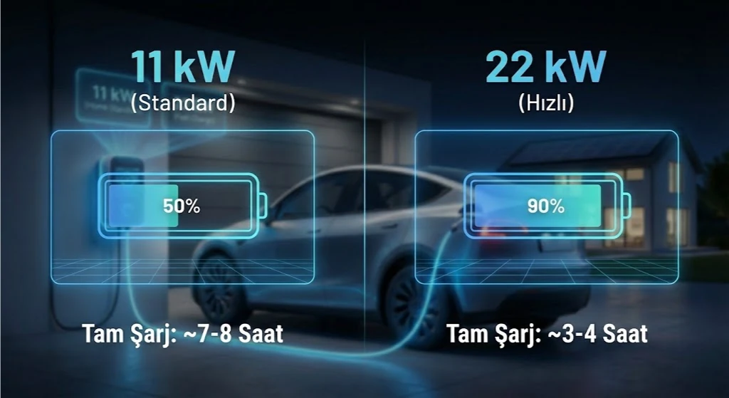 11kW ve 22kW Elektrikli Araç Şarj İstasyonu Hız ve Süre Karşılaştırması
