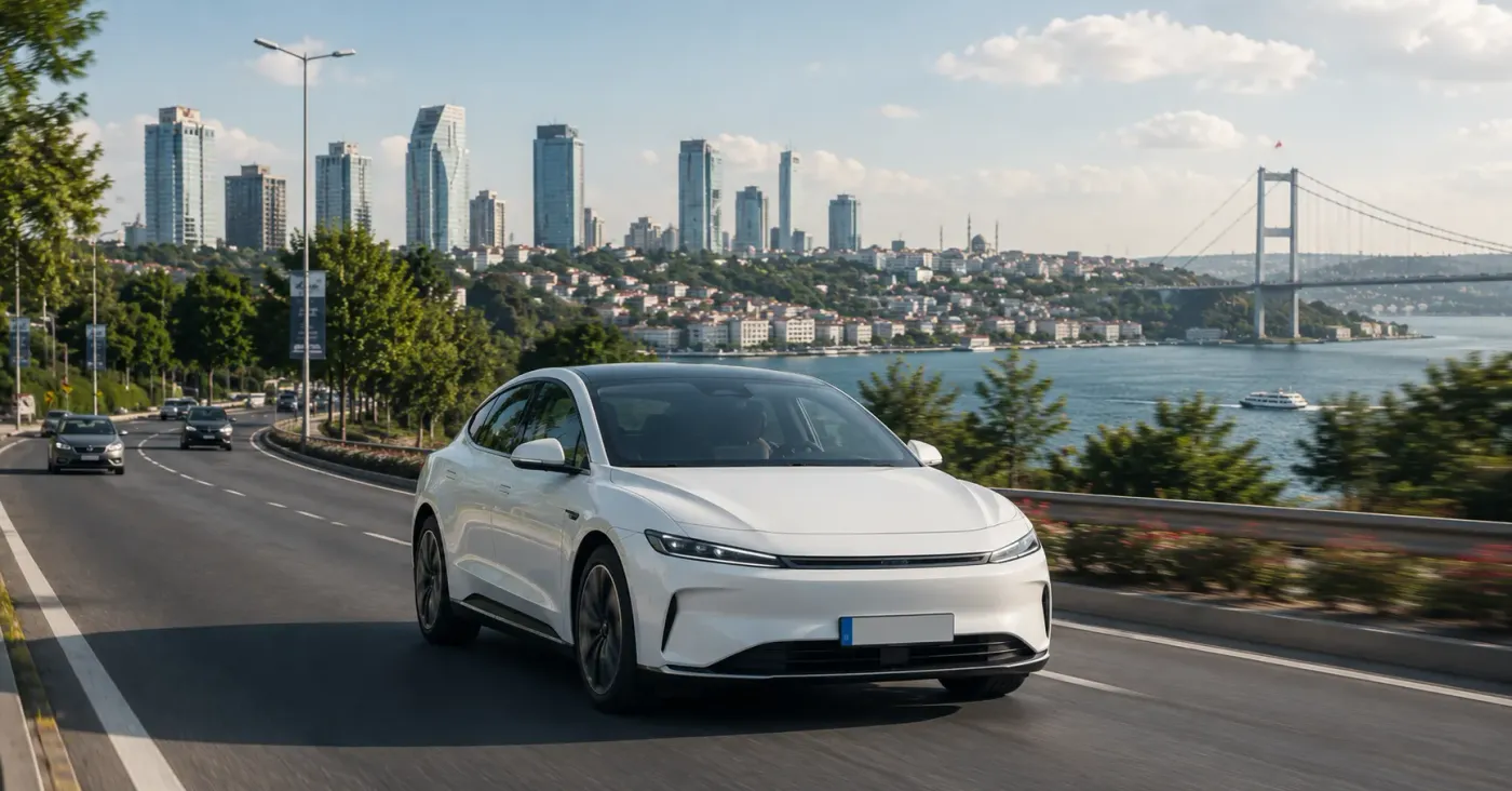 Weiße Elektrolimousine im Istanbuler Verkehr