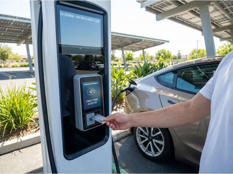 Kontaktlose Kreditkartenzahlung an der Ladestation für Elektrofahrzeuge