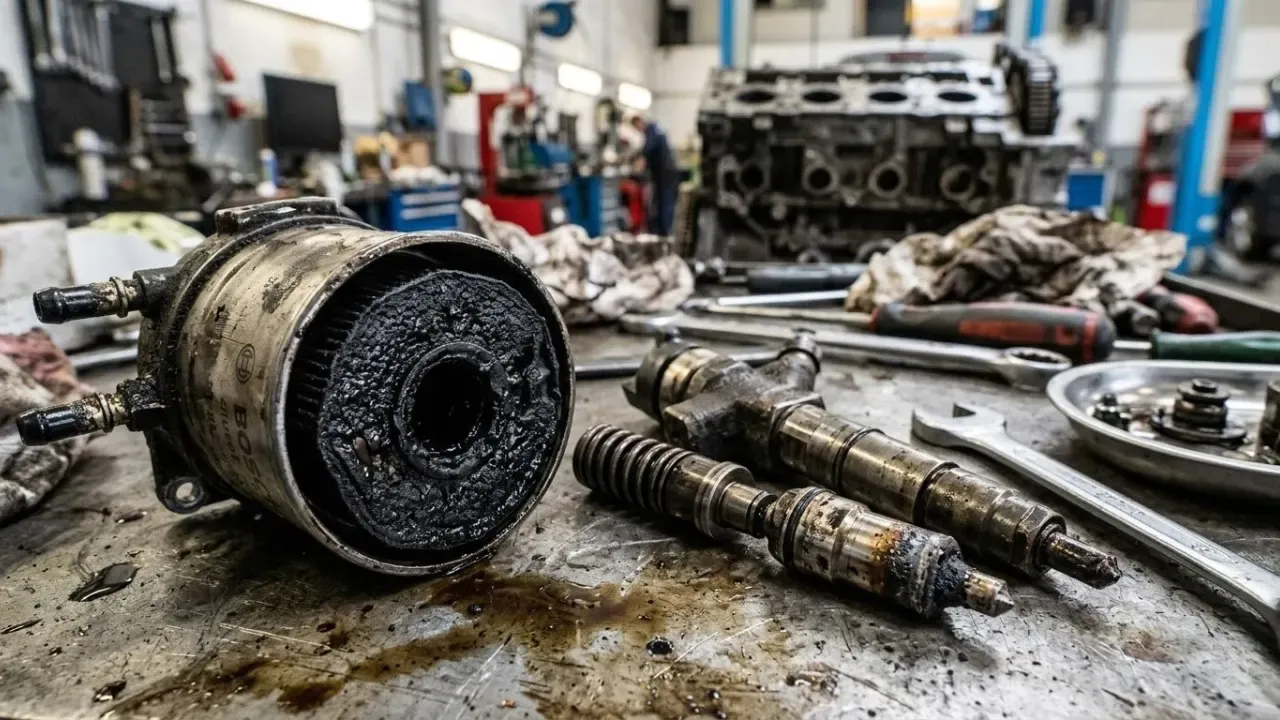 Verstopfter schwarzer Kraftstofffilter und defekte Diesel-Einspritzdüsen